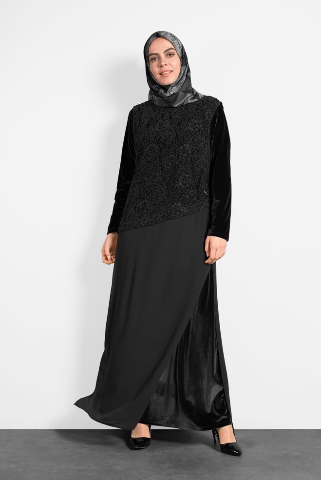 Vêtements hijab NOIR ROBE MOUSSELINE GUIPUÉE 20021 - ALVİNA