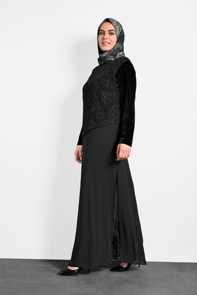 Hijab clothing BLACK GUIPURED CHIFFON DRESS 20021  - ALVİNA