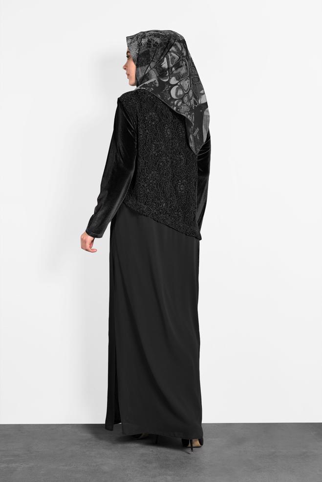 Hijab clothing BLACK GUIPURED CHIFFON DRESS 20021  - ALVİNA