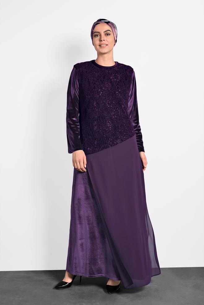 Hijab clothing PURPLE GUIPURED CHIFFON DRESS 20021  - ALVİNA