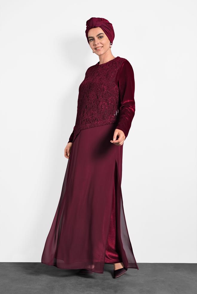 Hijab clothing CLARET RED GUIPURED CHIFFON DRESS 20021  - ALVİNA