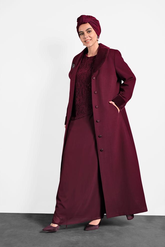 Hijab clothing CLARET RED GUIPURED CHIFFON DRESS 20021  - ALVİNA