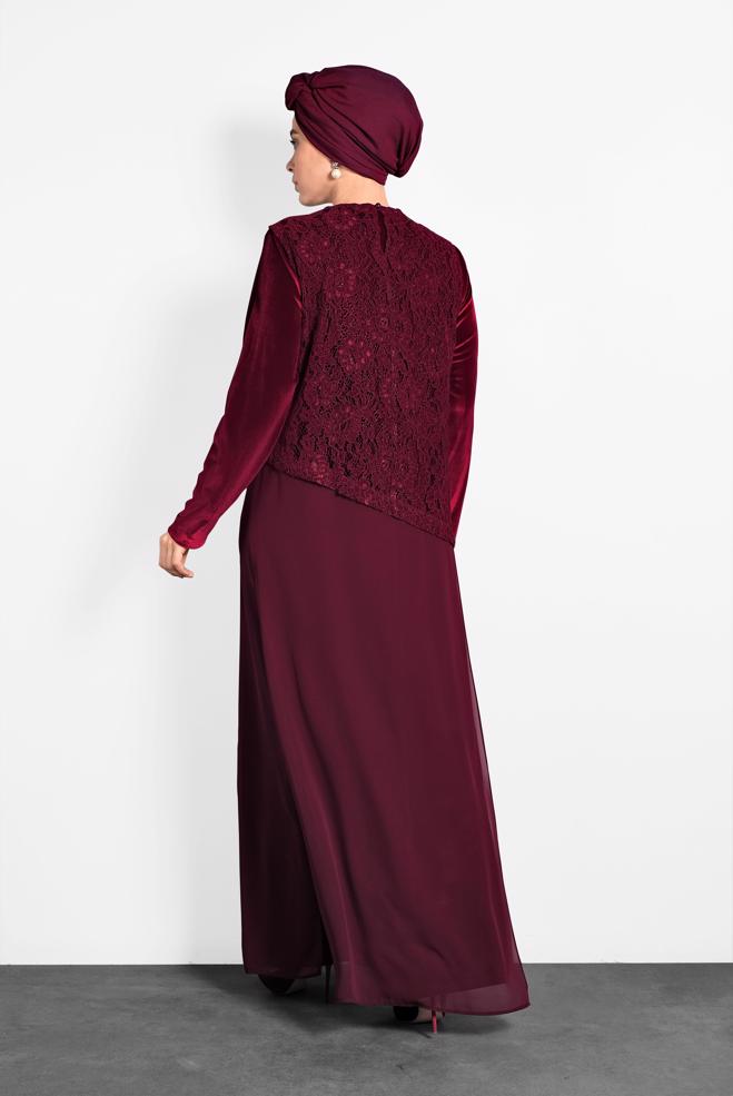 Hijab clothing CLARET RED GUIPURED CHIFFON DRESS 20021  - ALVİNA