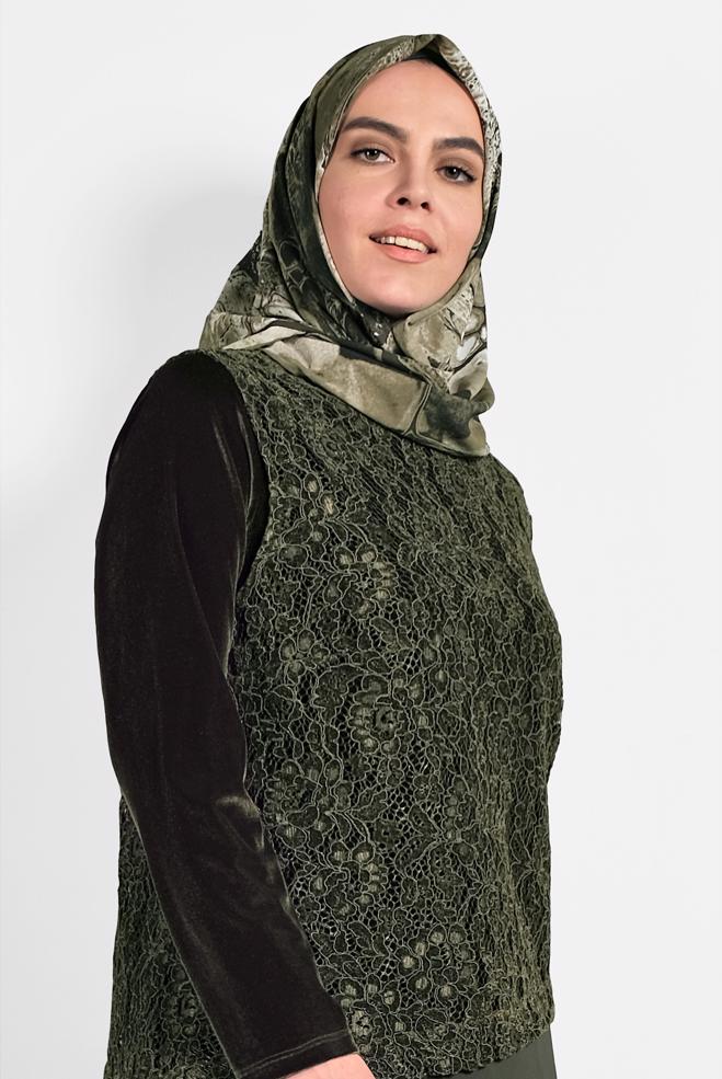 Hijab clothing KHAKI GUIPURED CHIFFON DRESS 20021  - ALVİNA