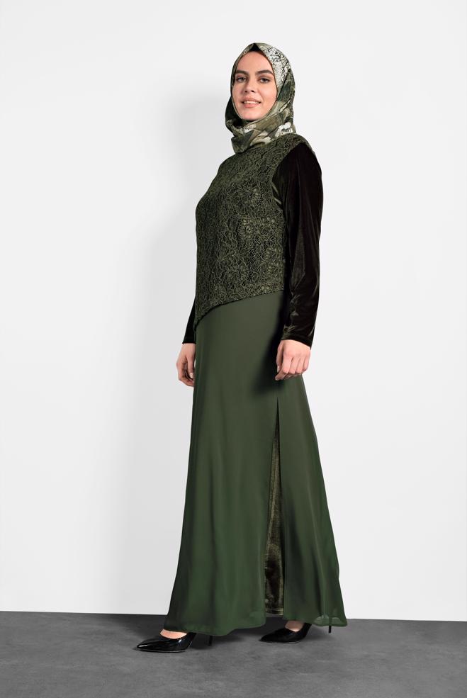 Hijab clothing KHAKI GUIPURED CHIFFON DRESS 20021  - ALVİNA
