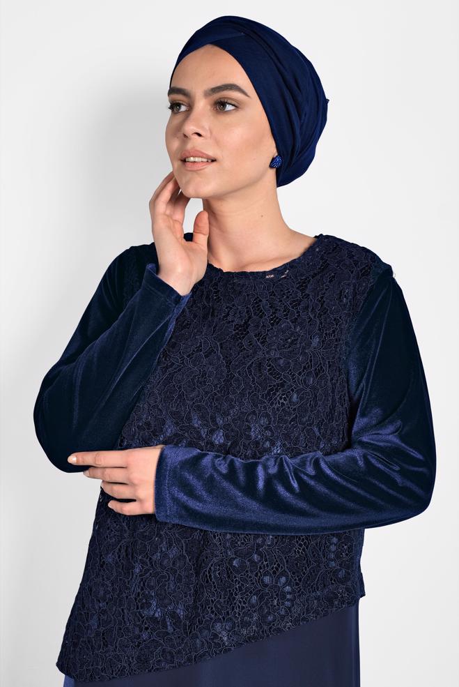 Hijab clothing NAVY BLUE GUIPURED CHIFFON DRESS 20021  - ALVİNA