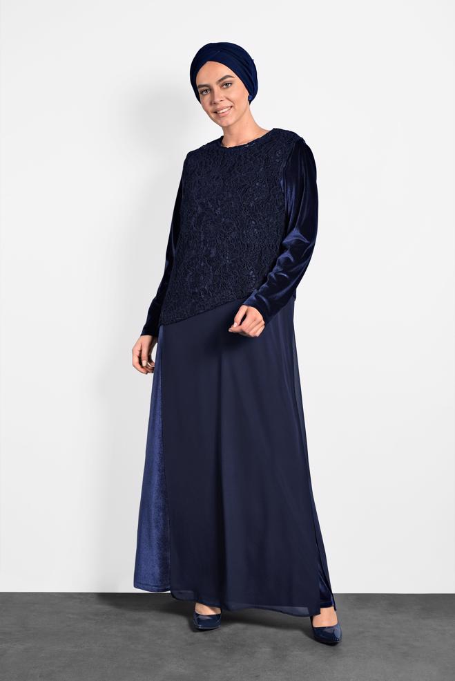 Hijab clothing NAVY BLUE GUIPURED CHIFFON DRESS 20021  - ALVİNA