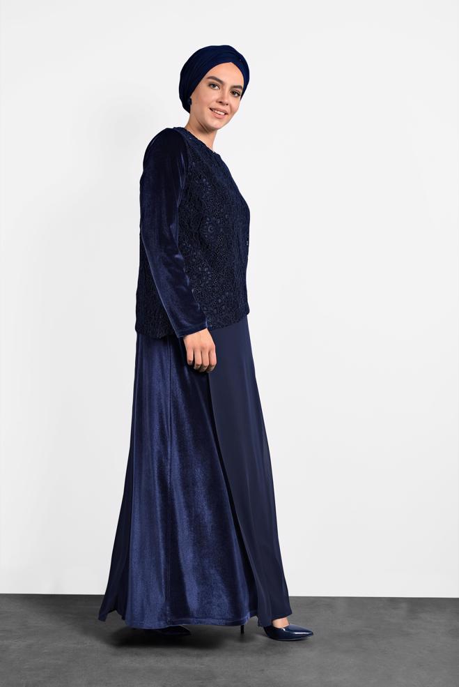 Hijab clothing NAVY BLUE GUIPURED CHIFFON DRESS 20021  - ALVİNA