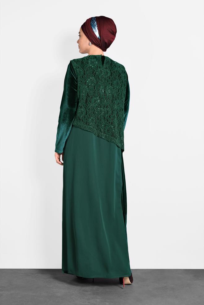 Hijab clothing GREEN GUIPURED CHIFFON DRESS 20021  - ALVİNA