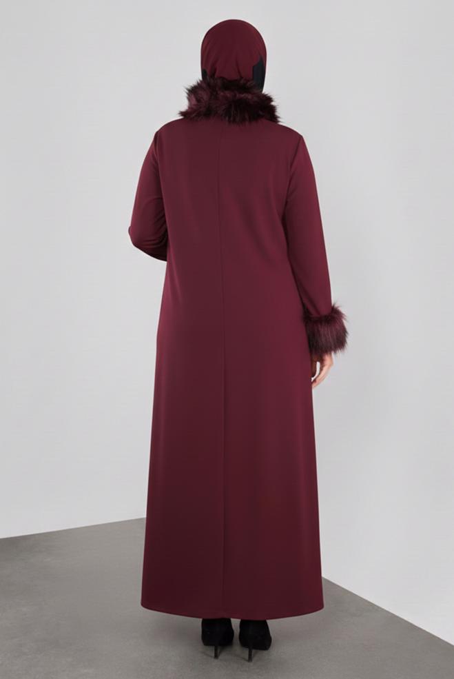 Vêtements hijab ROUGE BORDEAUX ROBE DÉTAILLÉE EN FAUSSE FOURRURE 20111 - ALVİNA