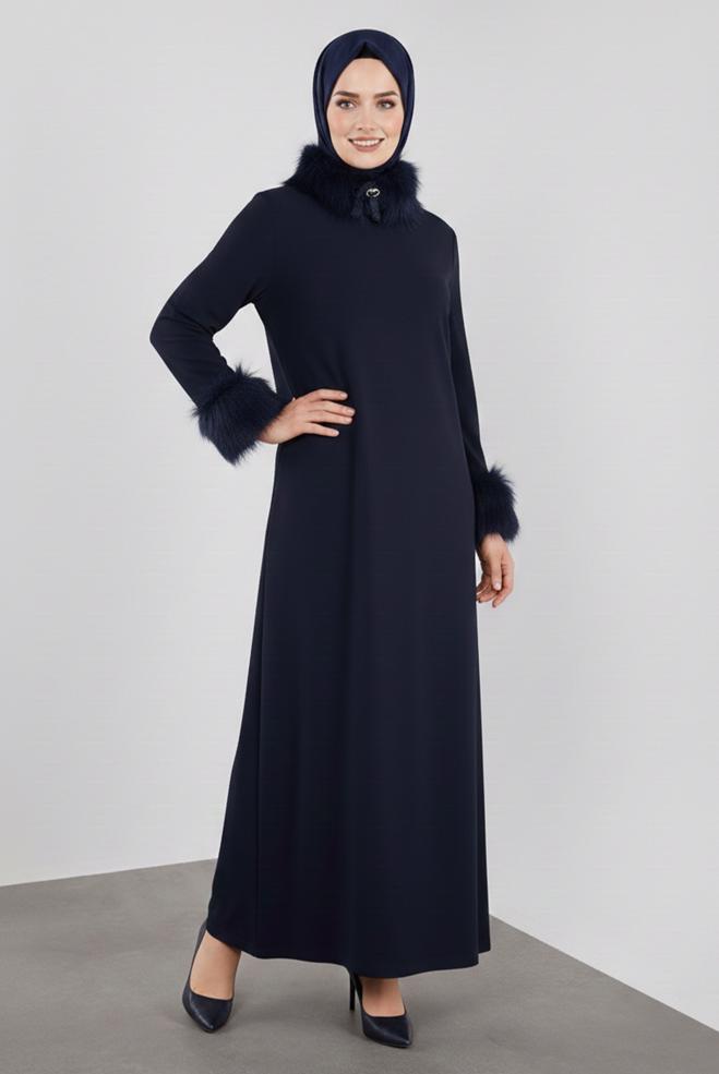 Hijab clothing NAVY BLUE FAUX-FUR DETAILED DRESS 20111 - ALVİNA