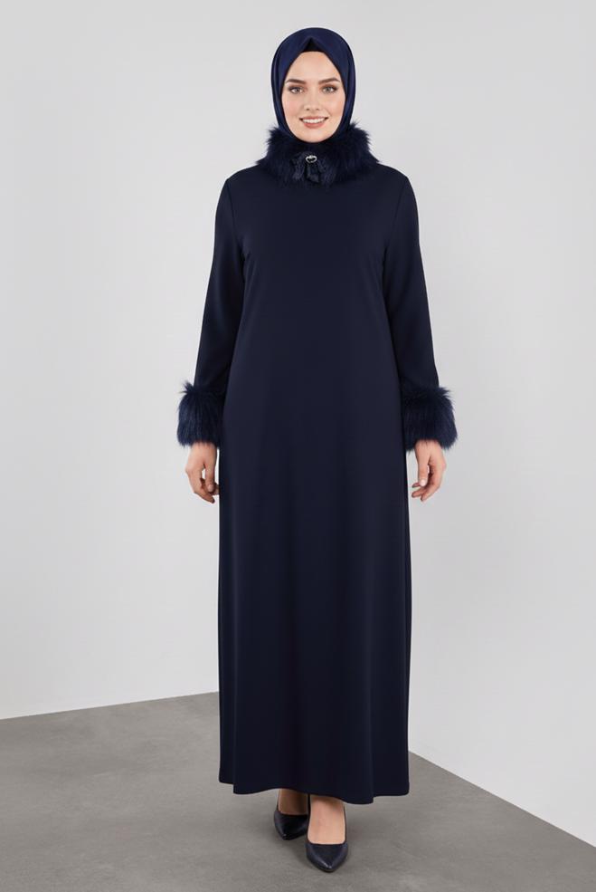 Hijab clothing NAVY BLUE FAUX-FUR DETAILED DRESS 20111 - ALVİNA