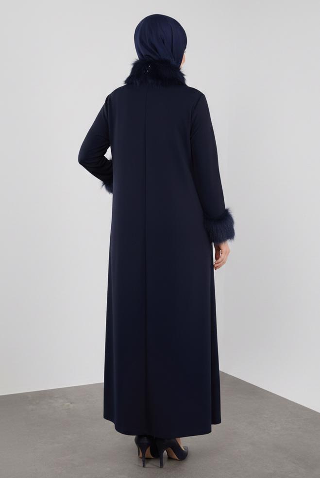 Hijab clothing NAVY BLUE FAUX-FUR DETAILED DRESS 20111 - ALVİNA