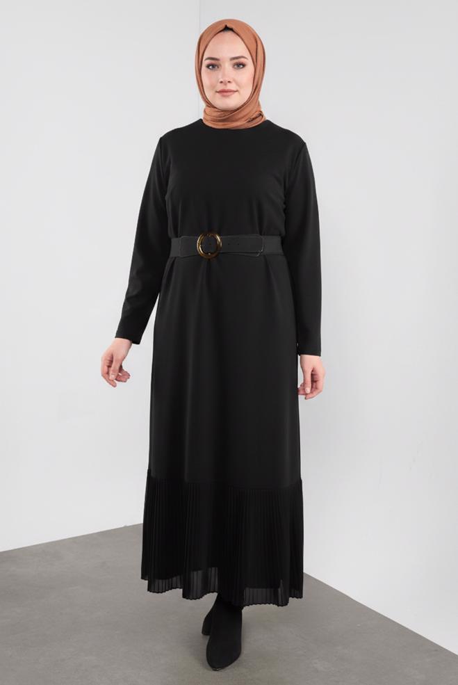 Hijab clothing BLACK PLEATED HEM BELTED DRESS 20117 - ALVİNA