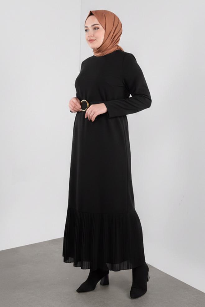 Hijab clothing BLACK PLEATED HEM BELTED DRESS 20117 - ALVİNA