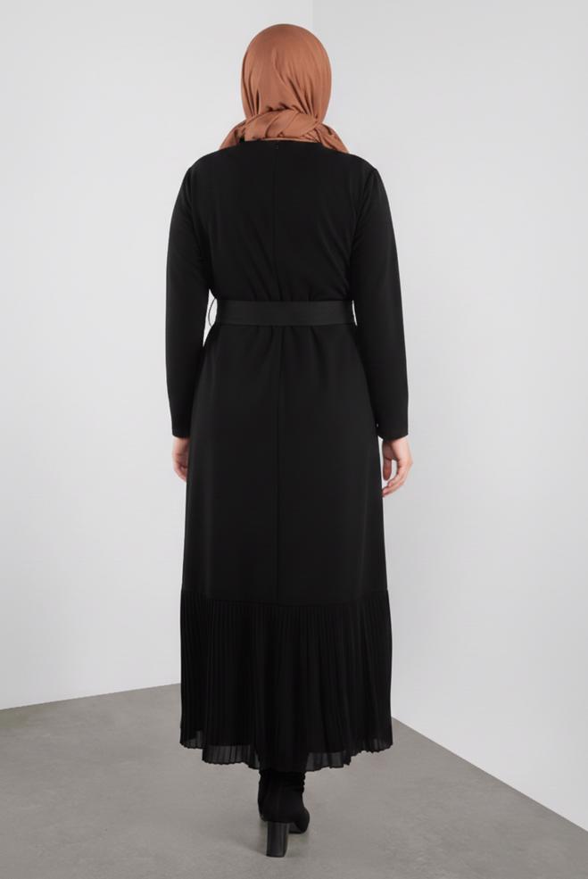 Hijab clothing BLACK PLEATED HEM BELTED DRESS 20117 - ALVİNA
