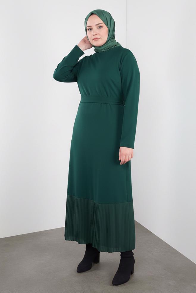 Vêtements hijab VERT ROBE CEINTURÉE À OURLET PLISSÉ 20117 - ALVİNA