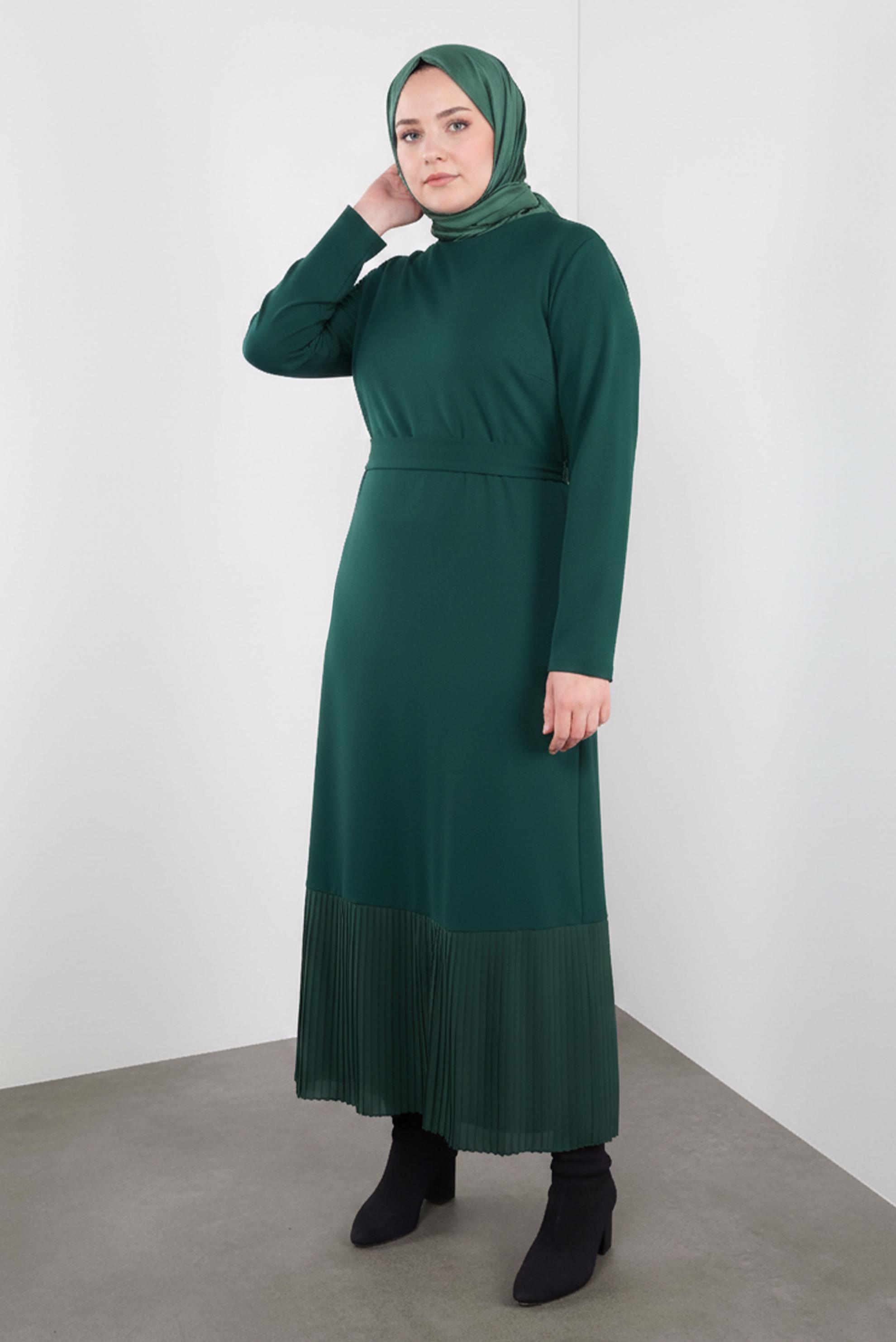 Hijab clothing GREEN PLEATED HEM BELTED DRESS 20117