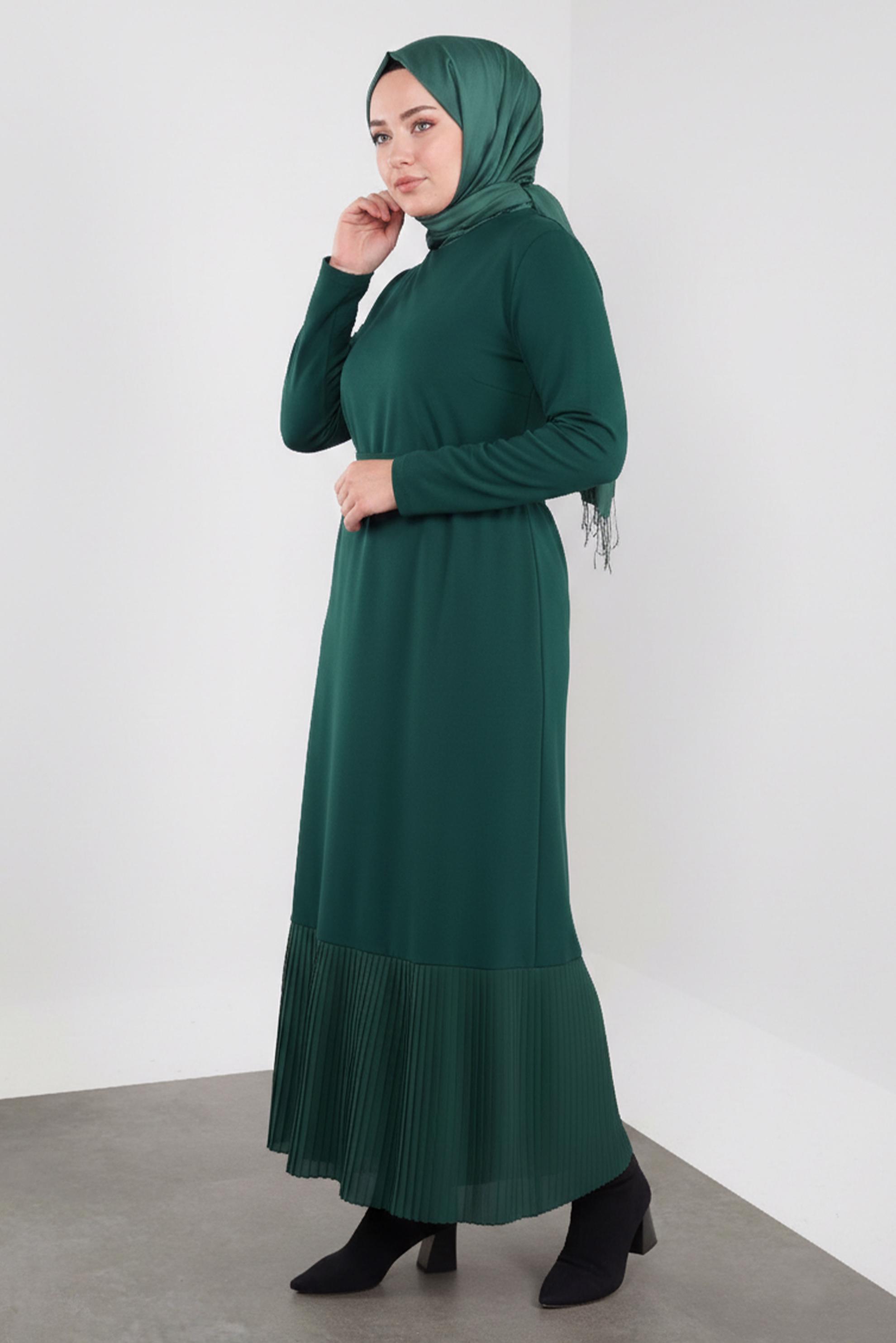 Hijab clothing GREEN PLEATED HEM BELTED DRESS 20117