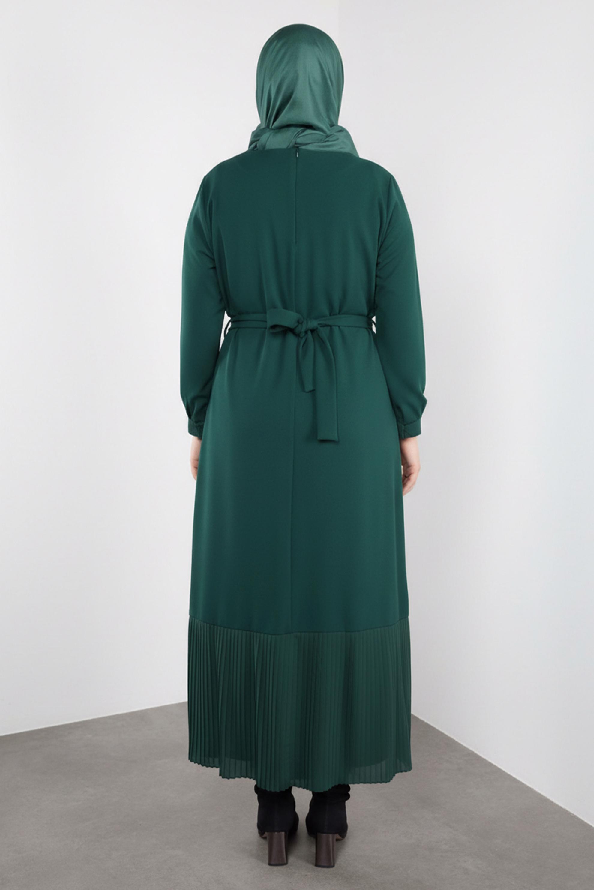 Hijab clothing GREEN PLEATED HEM BELTED DRESS 20117