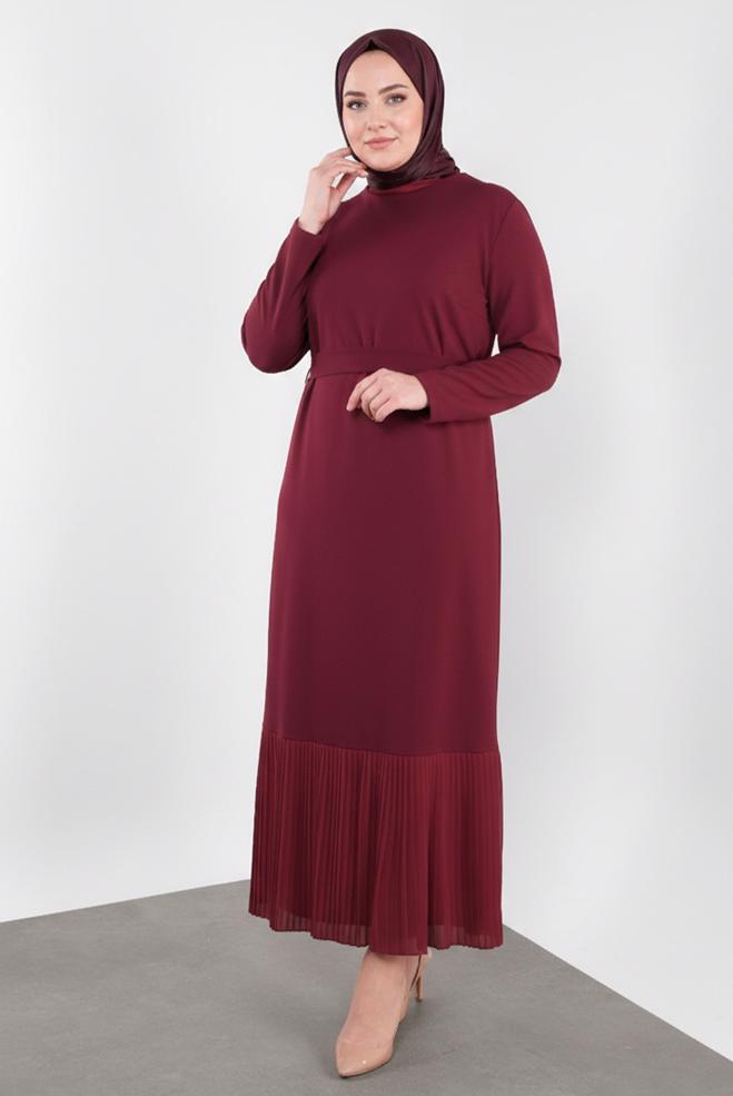 Vêtements hijab ROUGE ROBE CEINTURÉE À OURLET PLISSÉ 20117 - ALVİNA