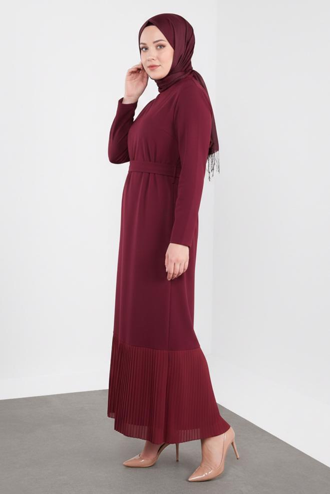 Vêtements hijab ROUGE ROBE CEINTURÉE À OURLET PLISSÉ 20117 - ALVİNA