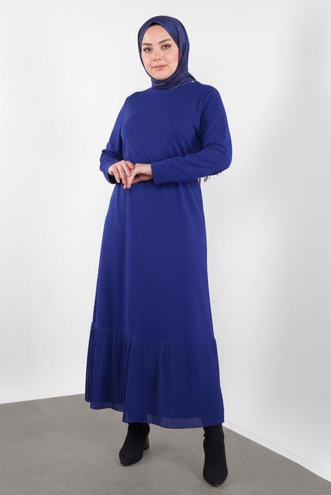 Vêtements hijab BLEU MARINE ROBE CEINTURÉE À OURLET PLISSÉ 20117 - ALVİNA