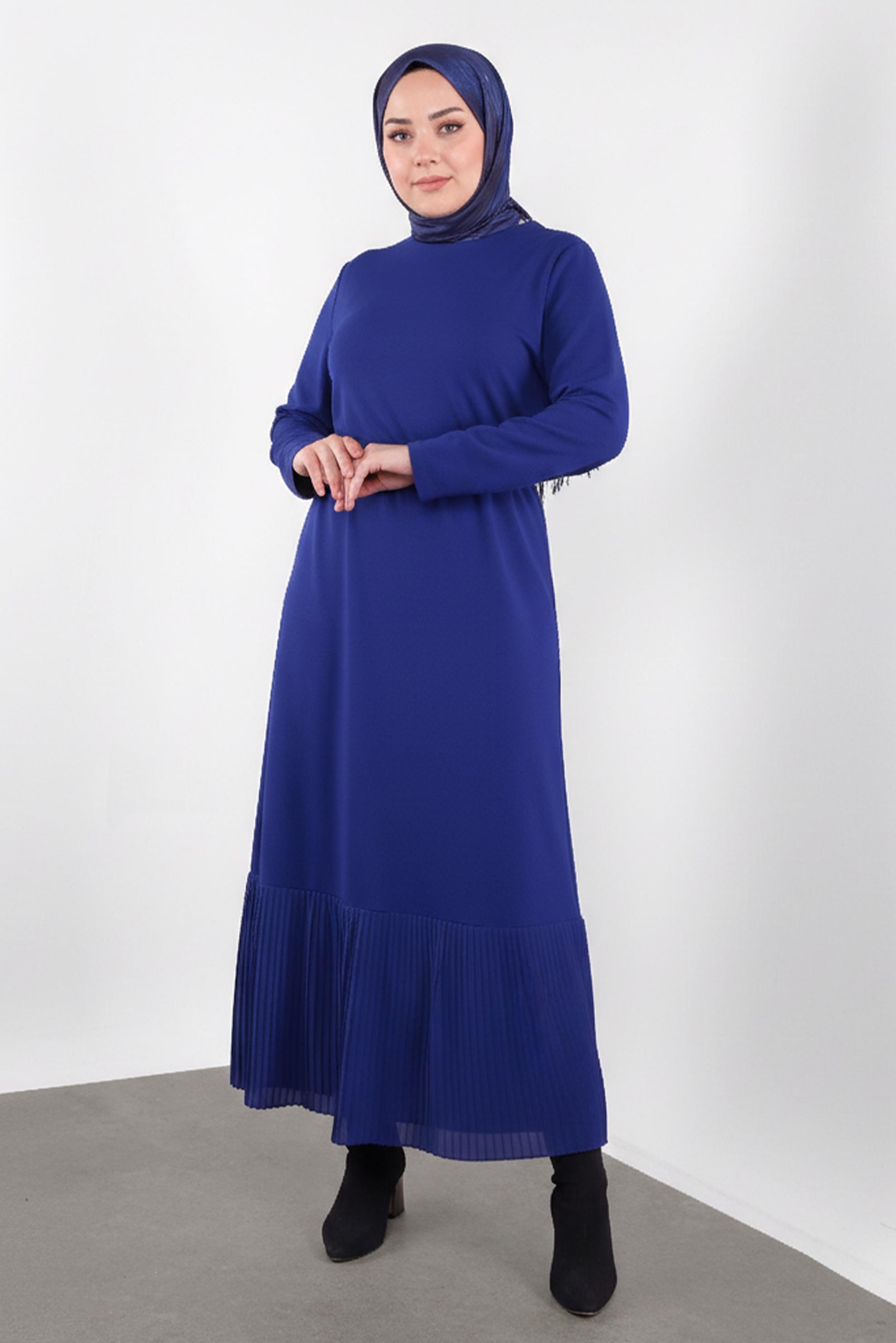 Tesettür giyim LACİVERT KUŞAKLI ETEK UCU PİLELİ ELBİSE 20117