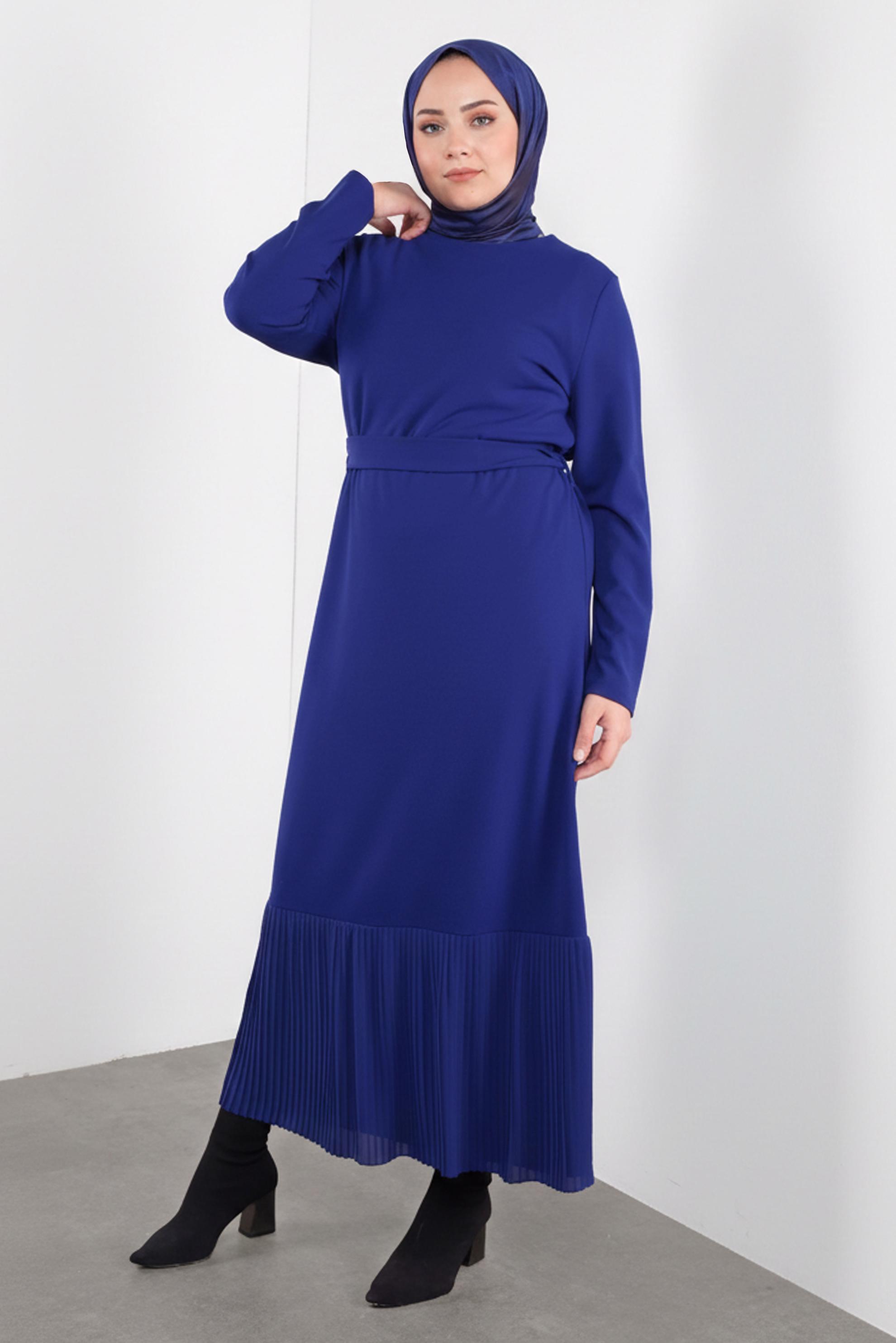 Tesettür giyim LACİVERT KUŞAKLI ETEK UCU PİLELİ ELBİSE 20117