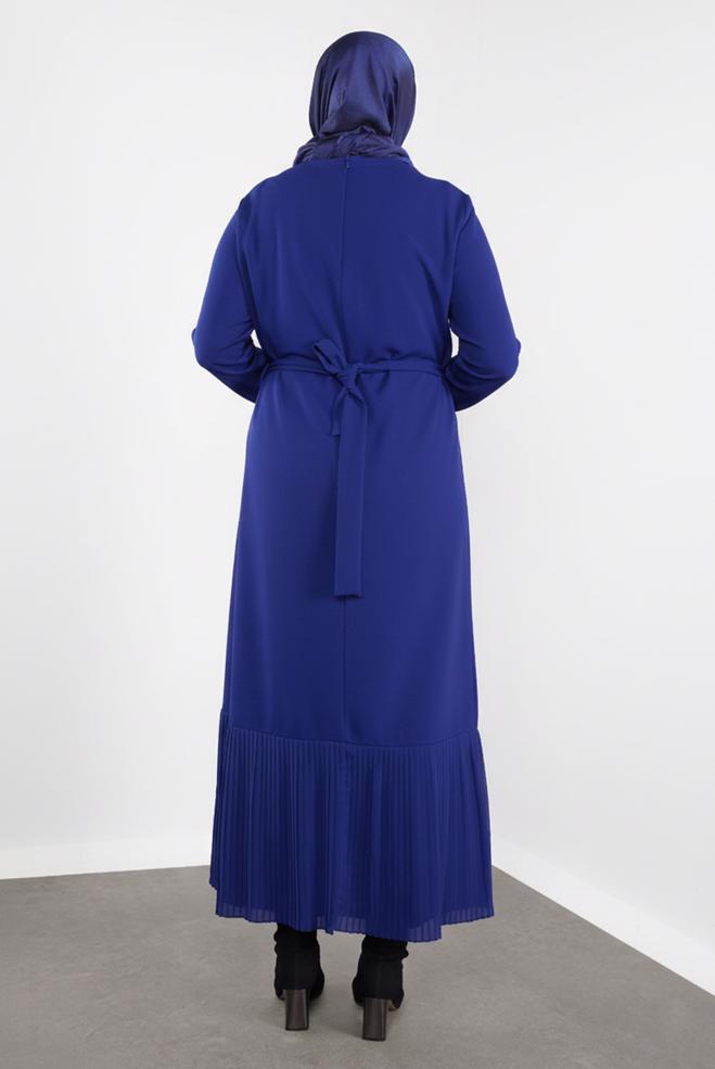 Vêtements hijab BLEU MARINE ROBE CEINTURÉE À OURLET PLISSÉ 20117 - ALVİNA