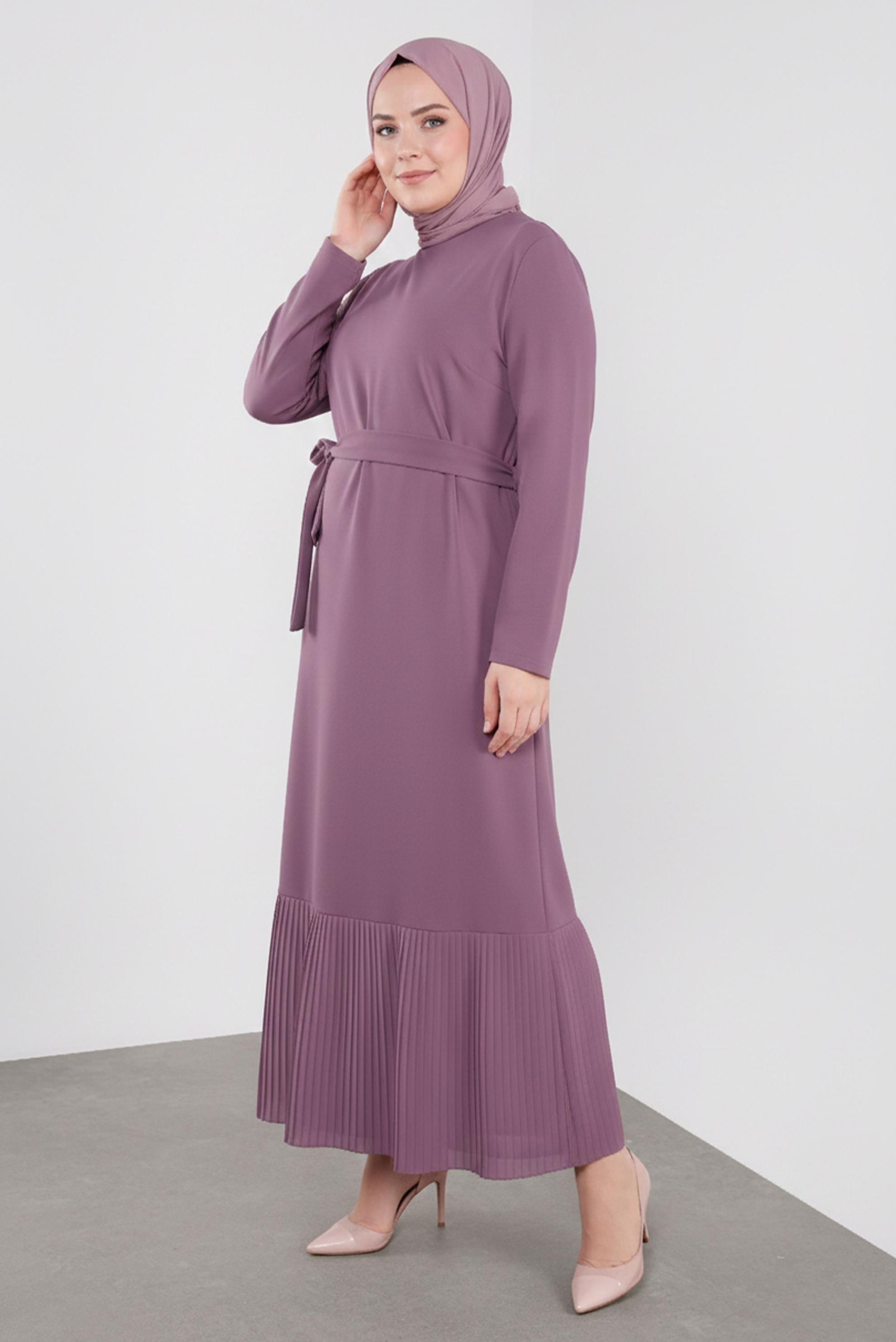 Tesettür giyim PEMBE KUŞAKLI ETEK UCU PİLELİ ELBİSE 20117
