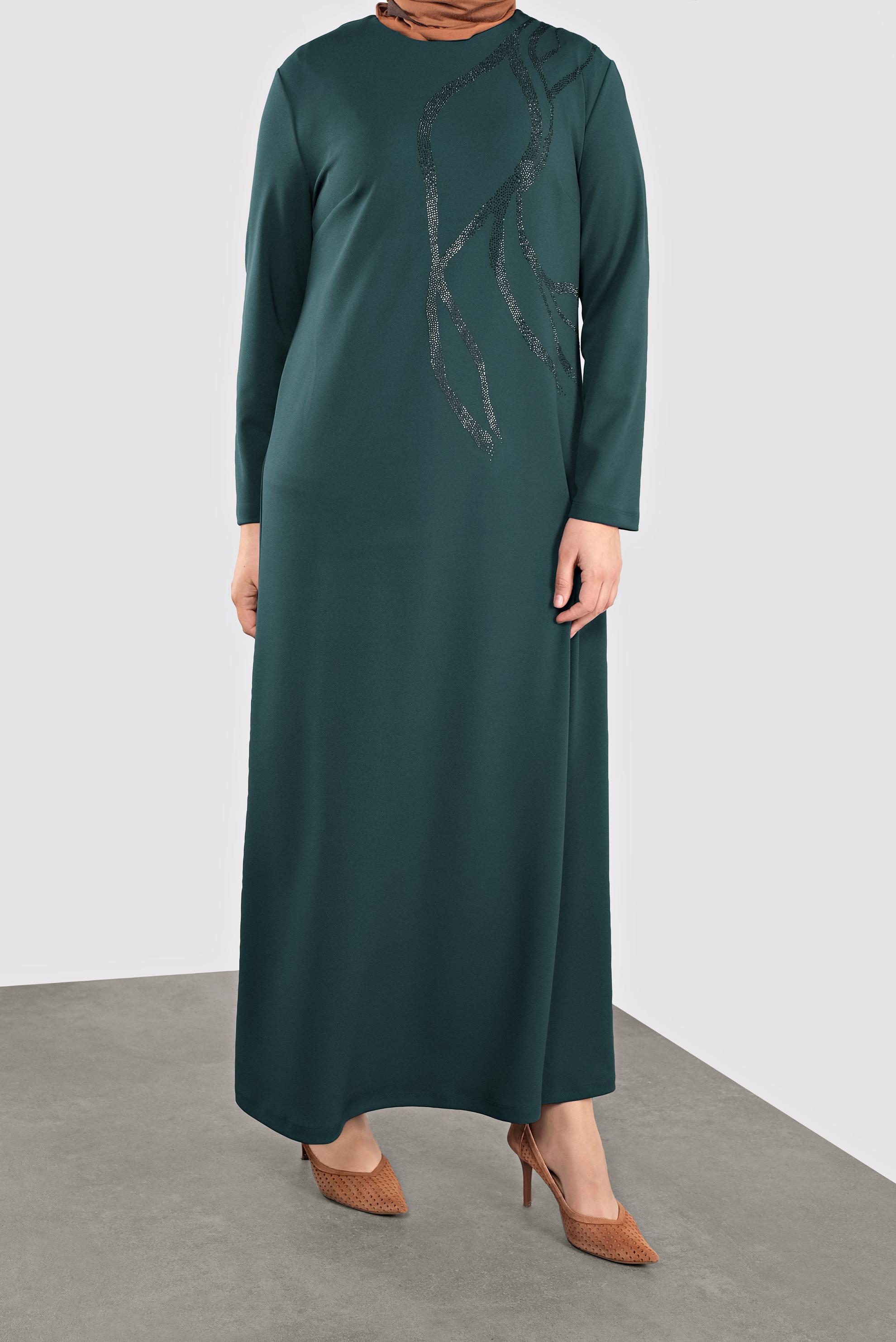 Tesettür giyim YEŞİL TAŞ BASKILI ELBİSE 20119