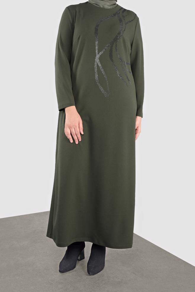 Hijab clothing KHAKI EMBELLISHED DRESS 20119 - ALVİNA
