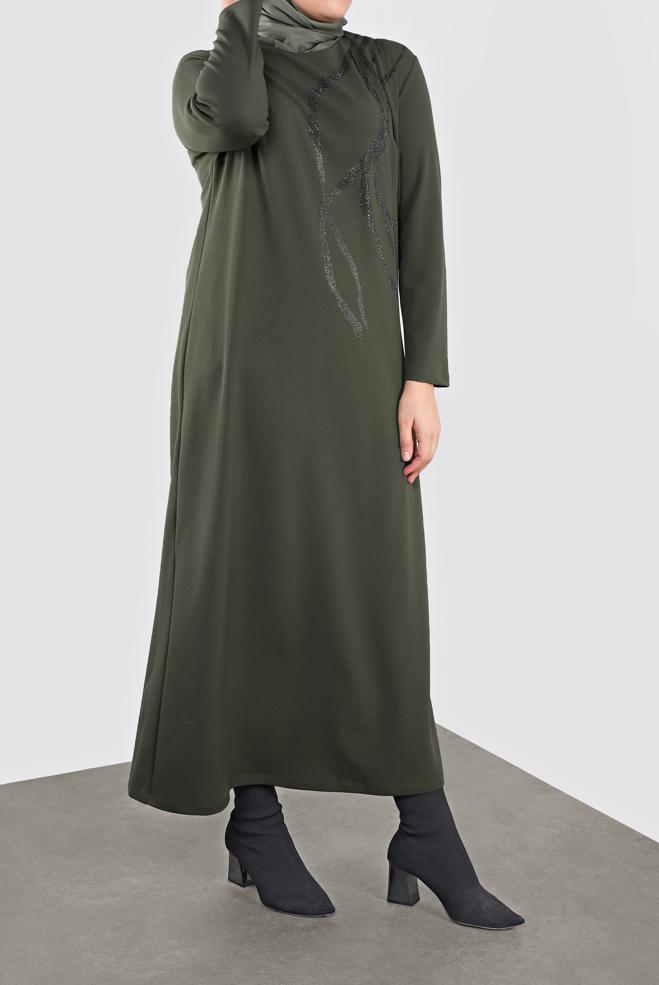 Hijab clothing KHAKI EMBELLISHED DRESS 20119 - ALVİNA