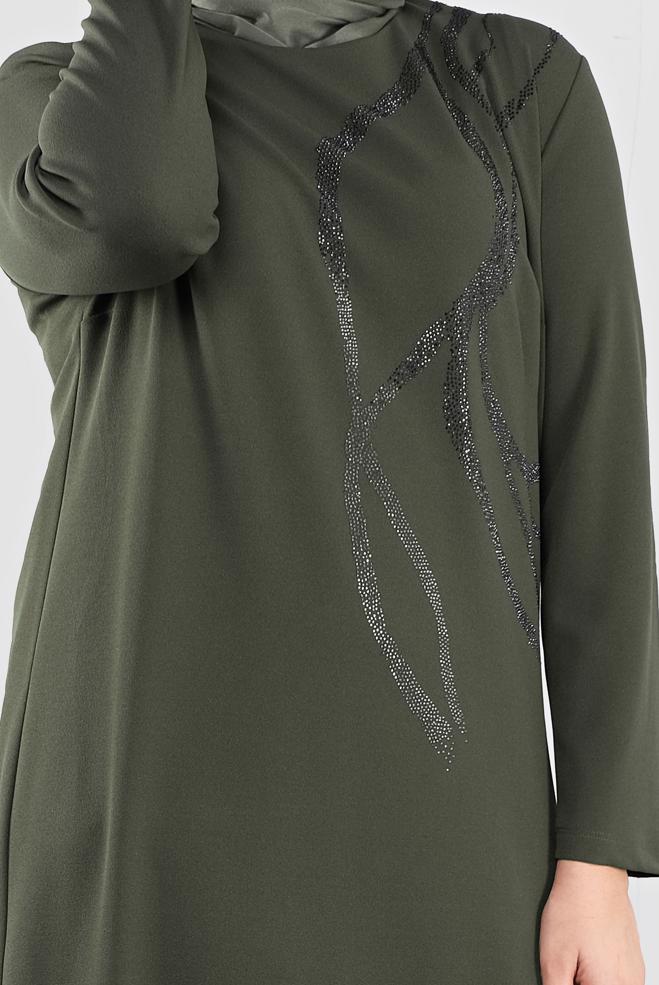 Hijab clothing KHAKI EMBELLISHED DRESS 20119 - ALVİNA