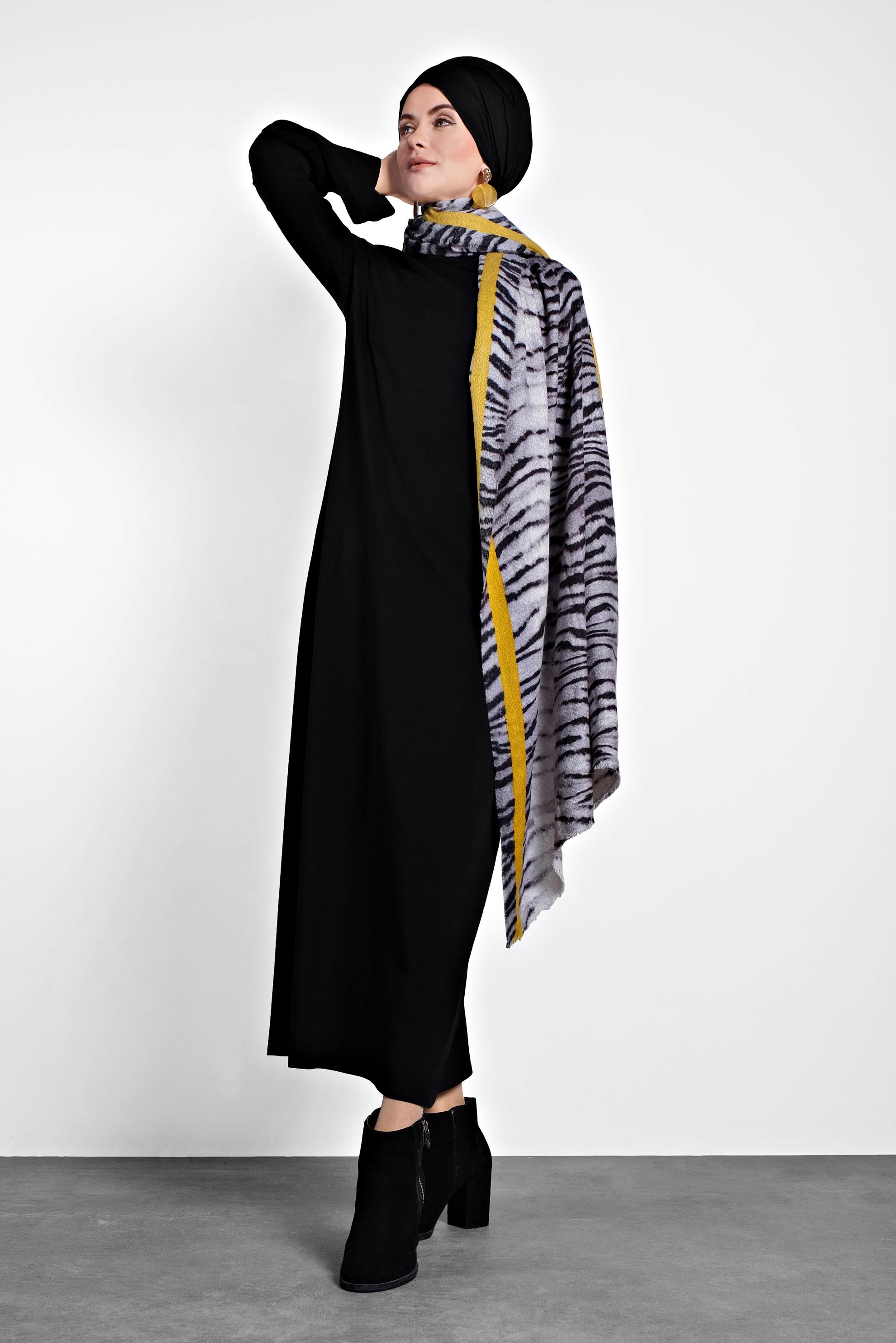 Hijab clothing BLACK TURTLENECK FLOUNCED-CUFFS VOLUMINOUS DRESS 40012