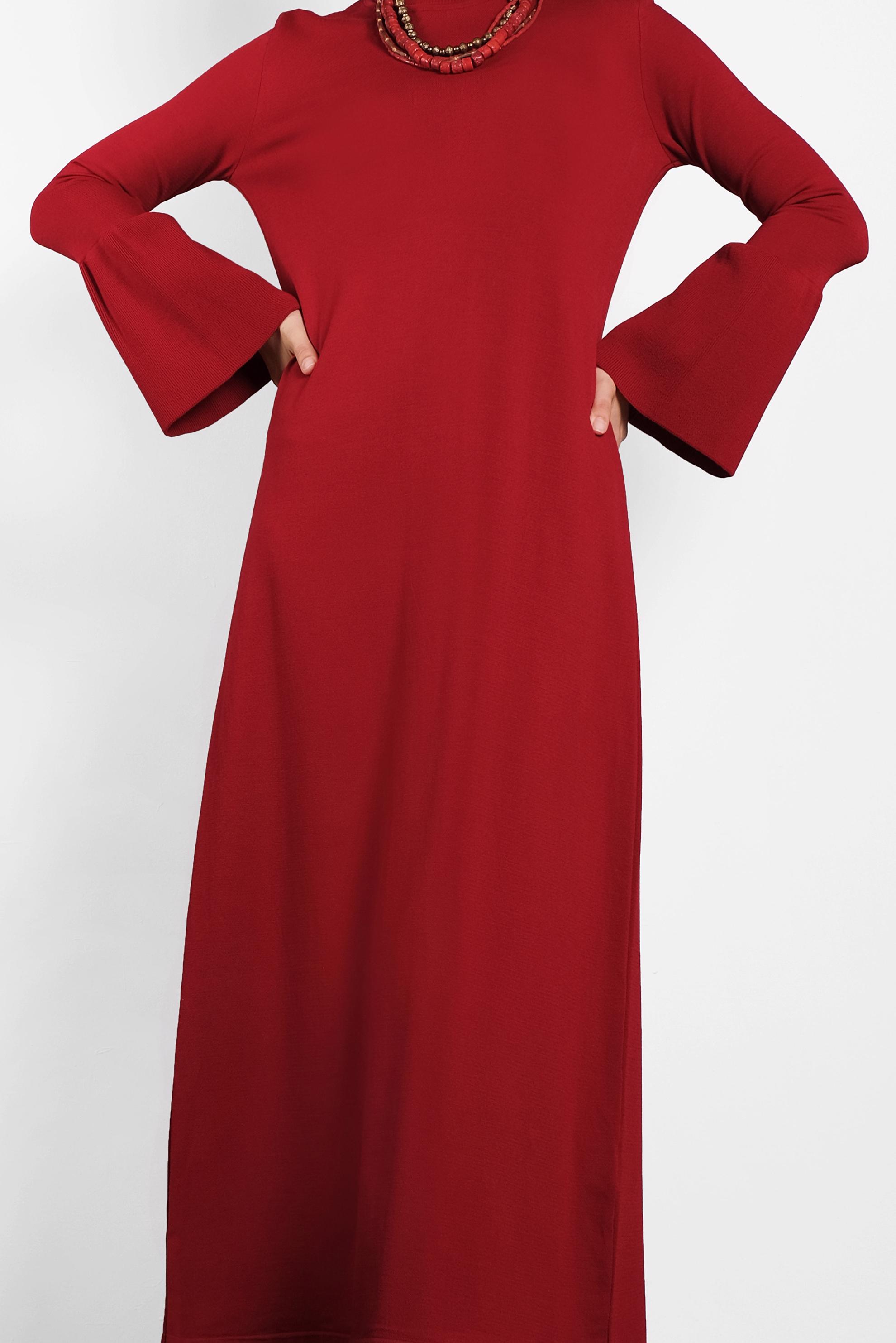 Tesettür giyim KIRMIZI KOLLARI VOLANLI BOĞAZLI GENİŞ KESİM ELBİSE 40012 