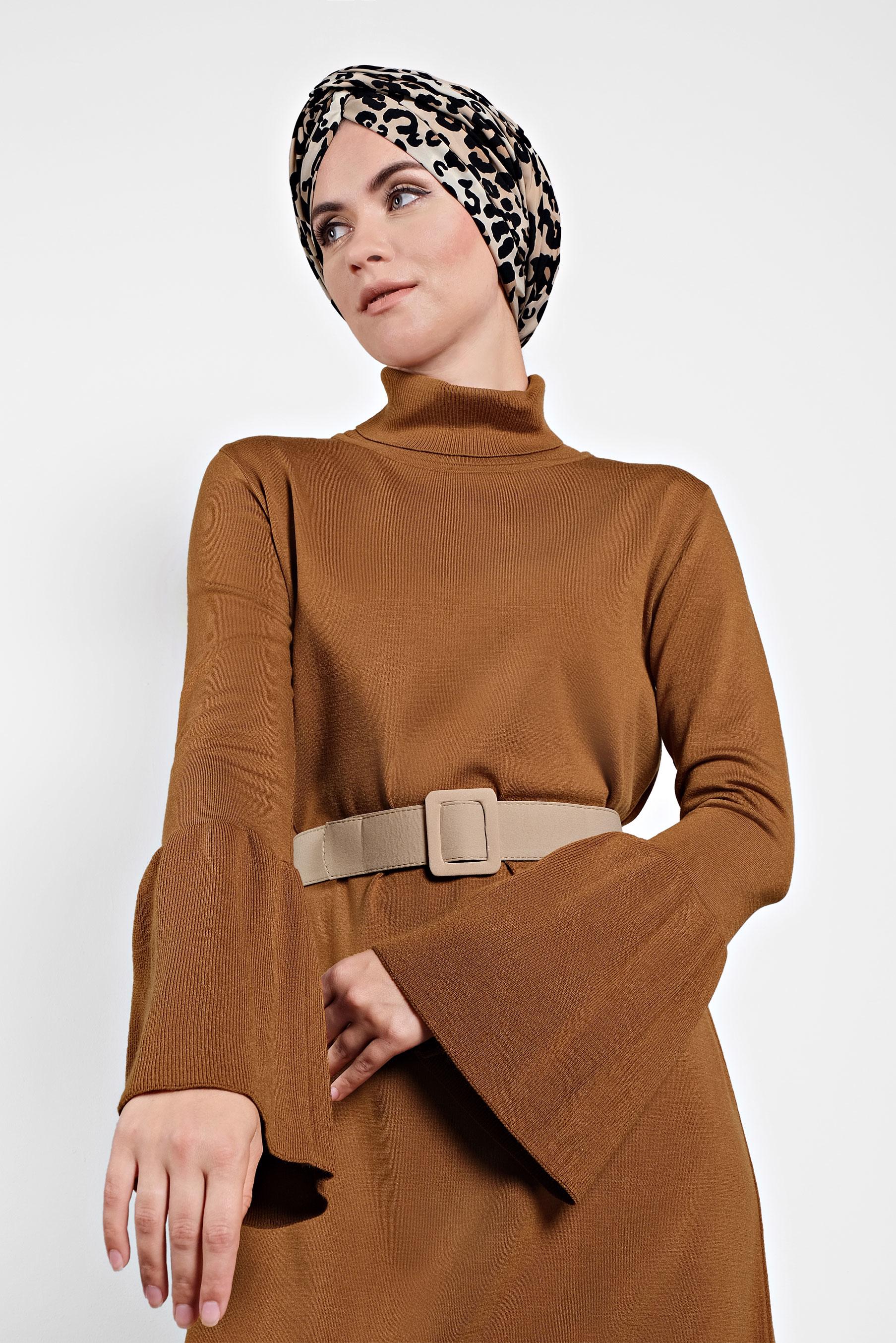 Hijab clothing YELLOW TURTLENECK FLOUNCED-CUFFS VOLUMINOUS DRESS 40012