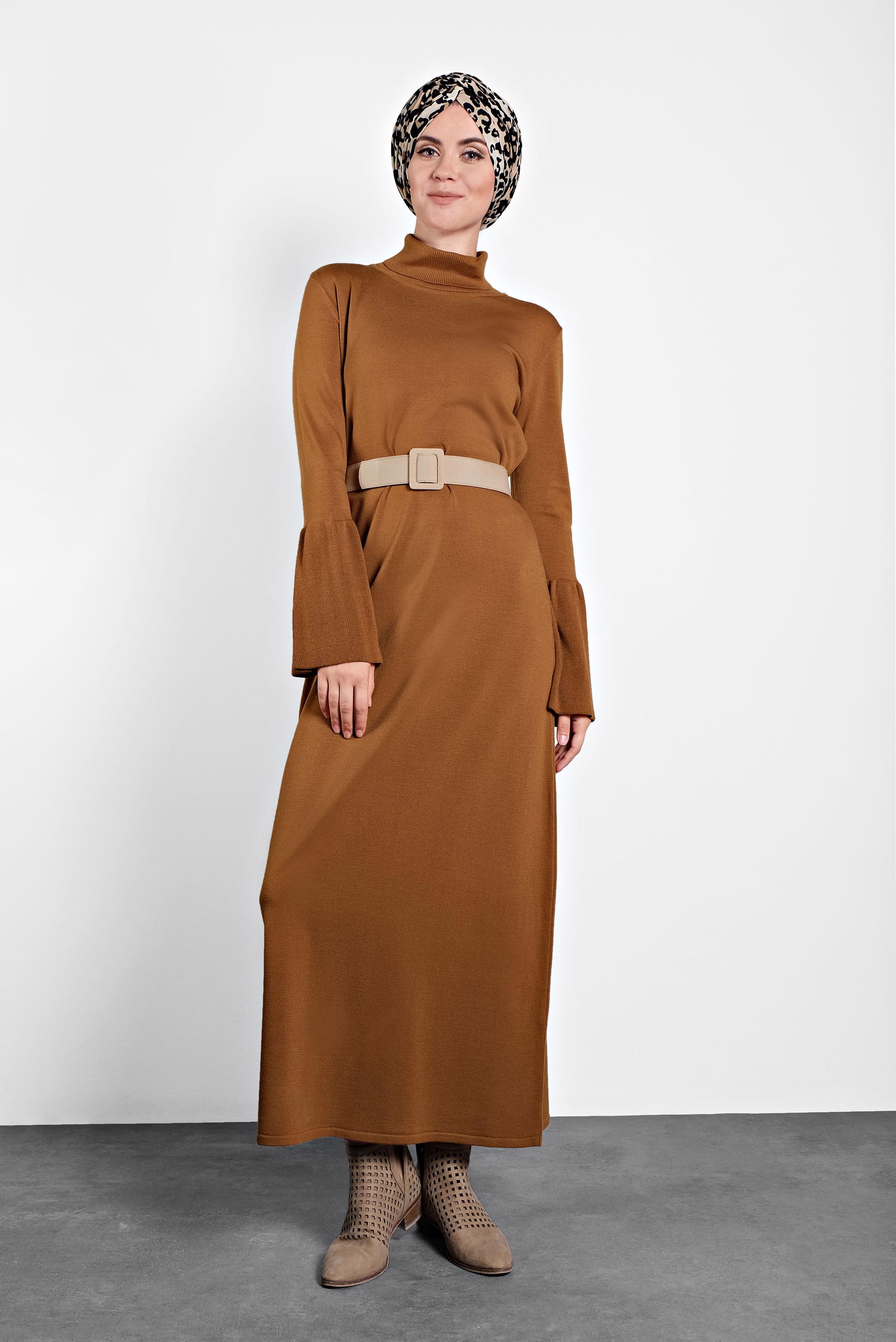 Hijab clothing YELLOW TURTLENECK FLOUNCED-CUFFS VOLUMINOUS DRESS 40012