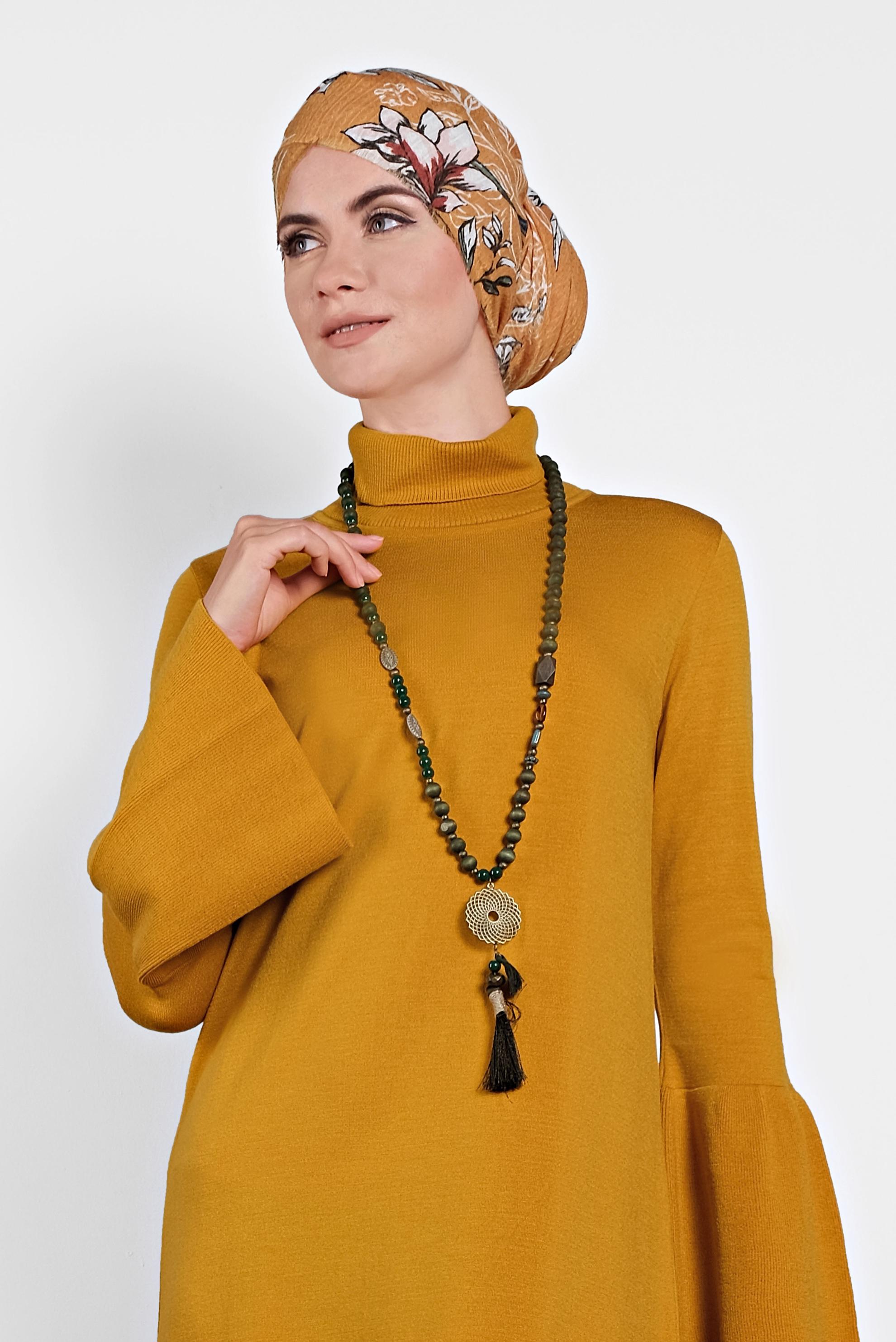 Hijab clothing YELLOW TURTLENECK FLOUNCED-CUFFS VOLUMINOUS DRESS 40012