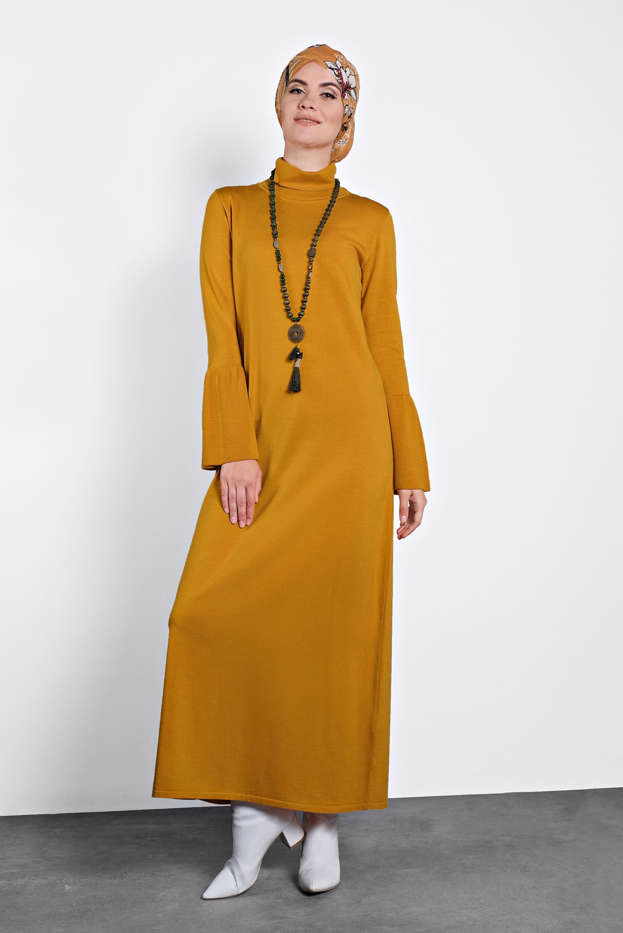 Hijab clothing YELLOW TURTLENECK FLOUNCED-CUFFS VOLUMINOUS DRESS 40012
