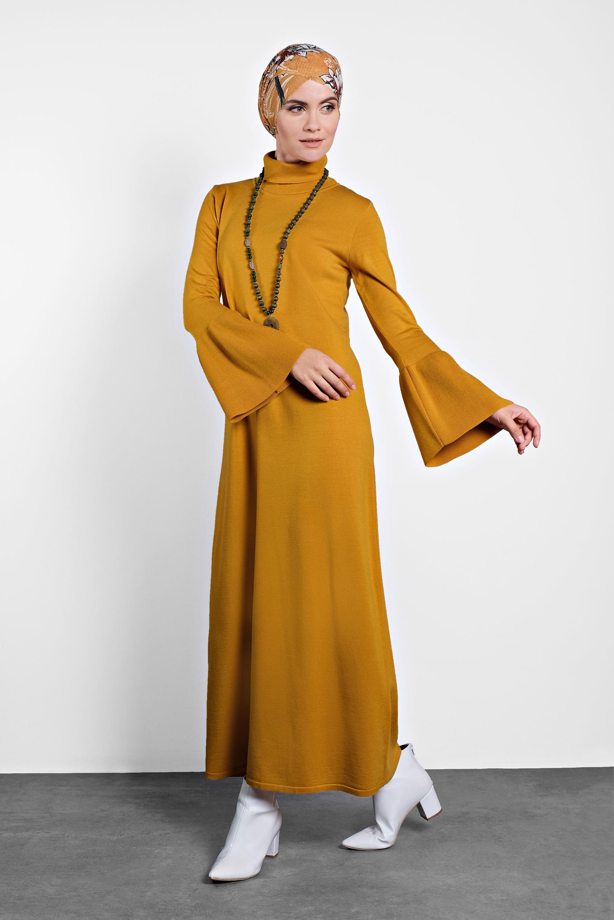 Hijab clothing YELLOW TURTLENECK FLOUNCED-CUFFS VOLUMINOUS DRESS 40012