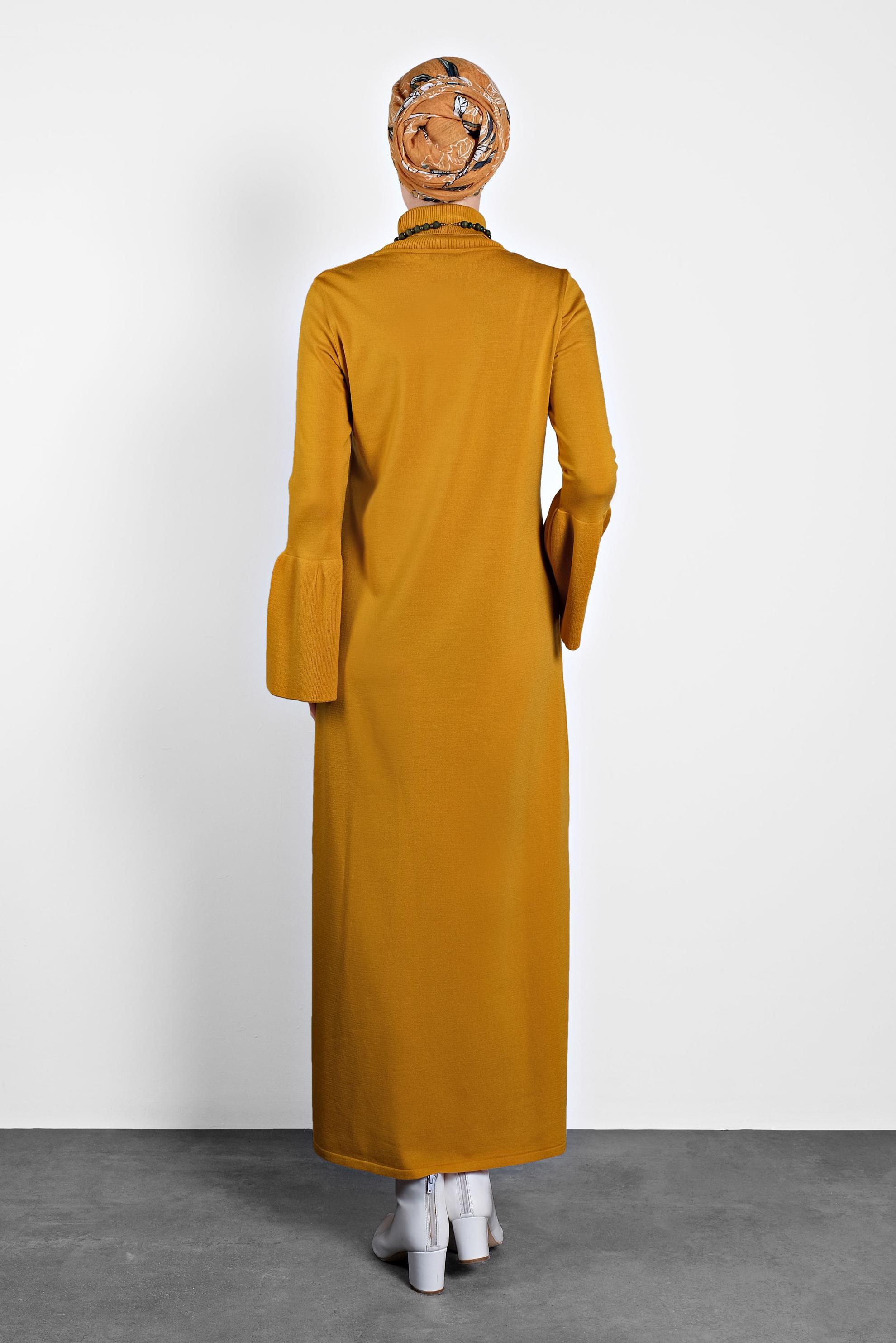 Hijab clothing YELLOW TURTLENECK FLOUNCED-CUFFS VOLUMINOUS DRESS 40012