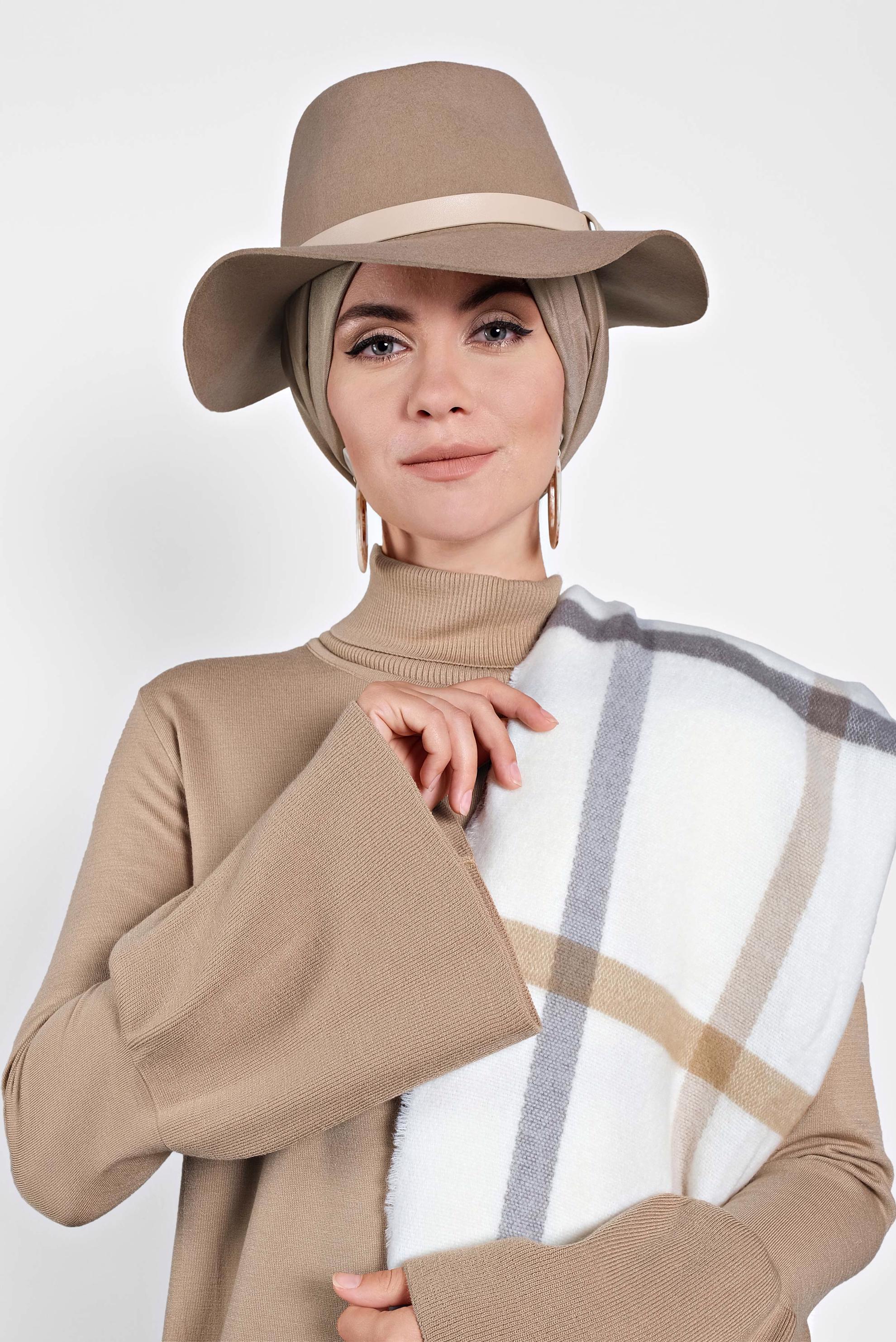 Hijab clothing BROWN TURTLENECK FLOUNCED-CUFFS VOLUMINOUS DRESS 40012