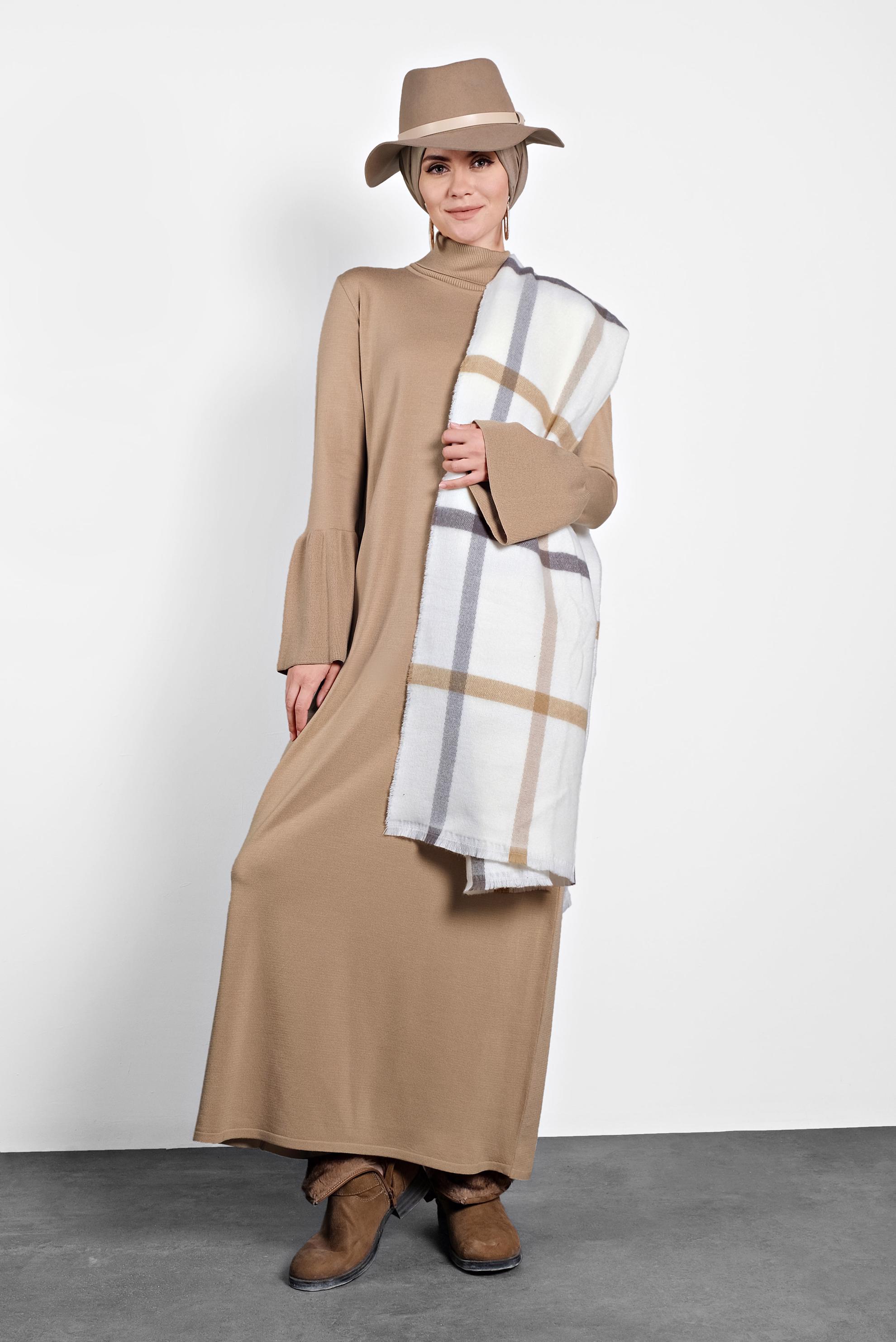 Hijab clothing BROWN TURTLENECK FLOUNCED-CUFFS VOLUMINOUS DRESS 40012