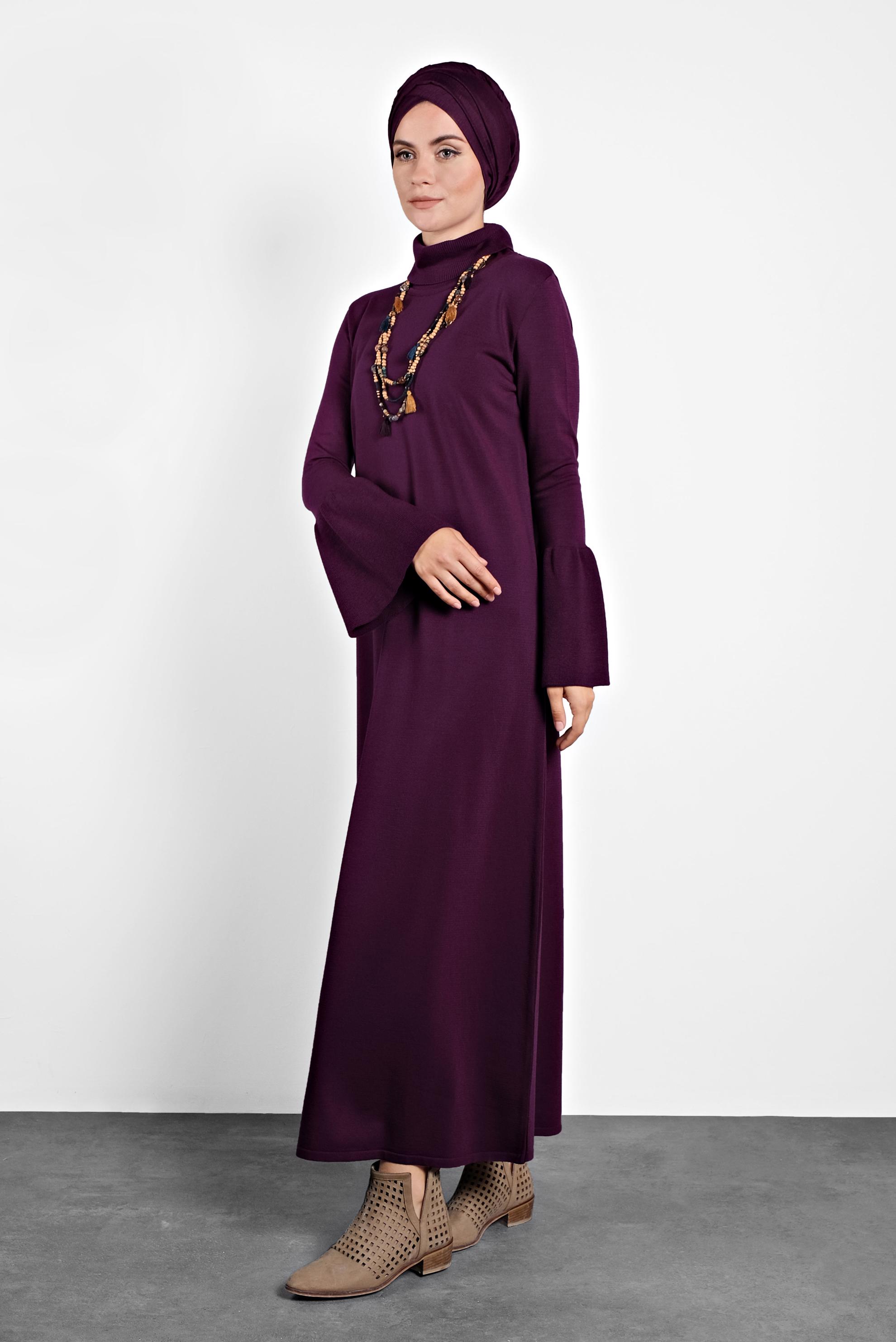 Tesettür giyim MÜRDÜM KOLLARI VOLANLI BOĞAZLI GENİŞ KESİM ELBİSE 40012 