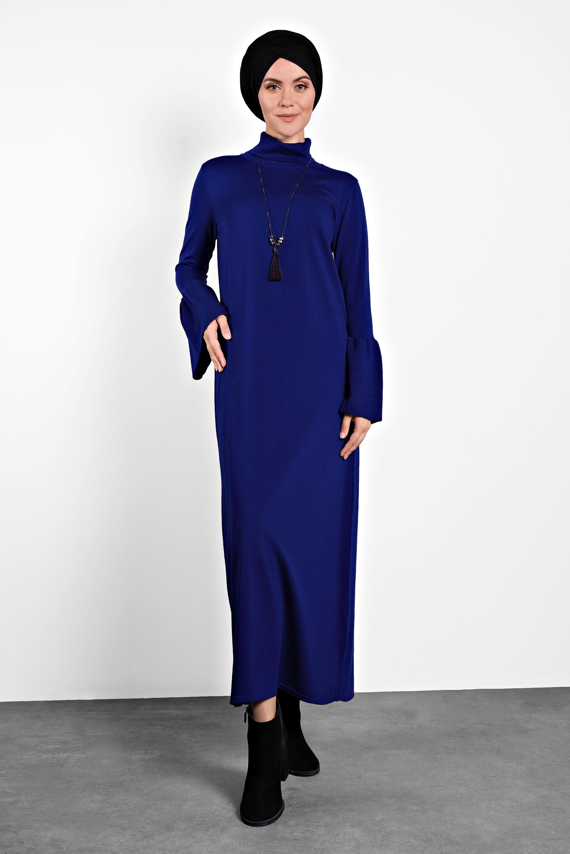 Tesettür giyim LACİVERT KOLLARI VOLANLI BOĞAZLI GENİŞ KESİM ELBİSE 40012 