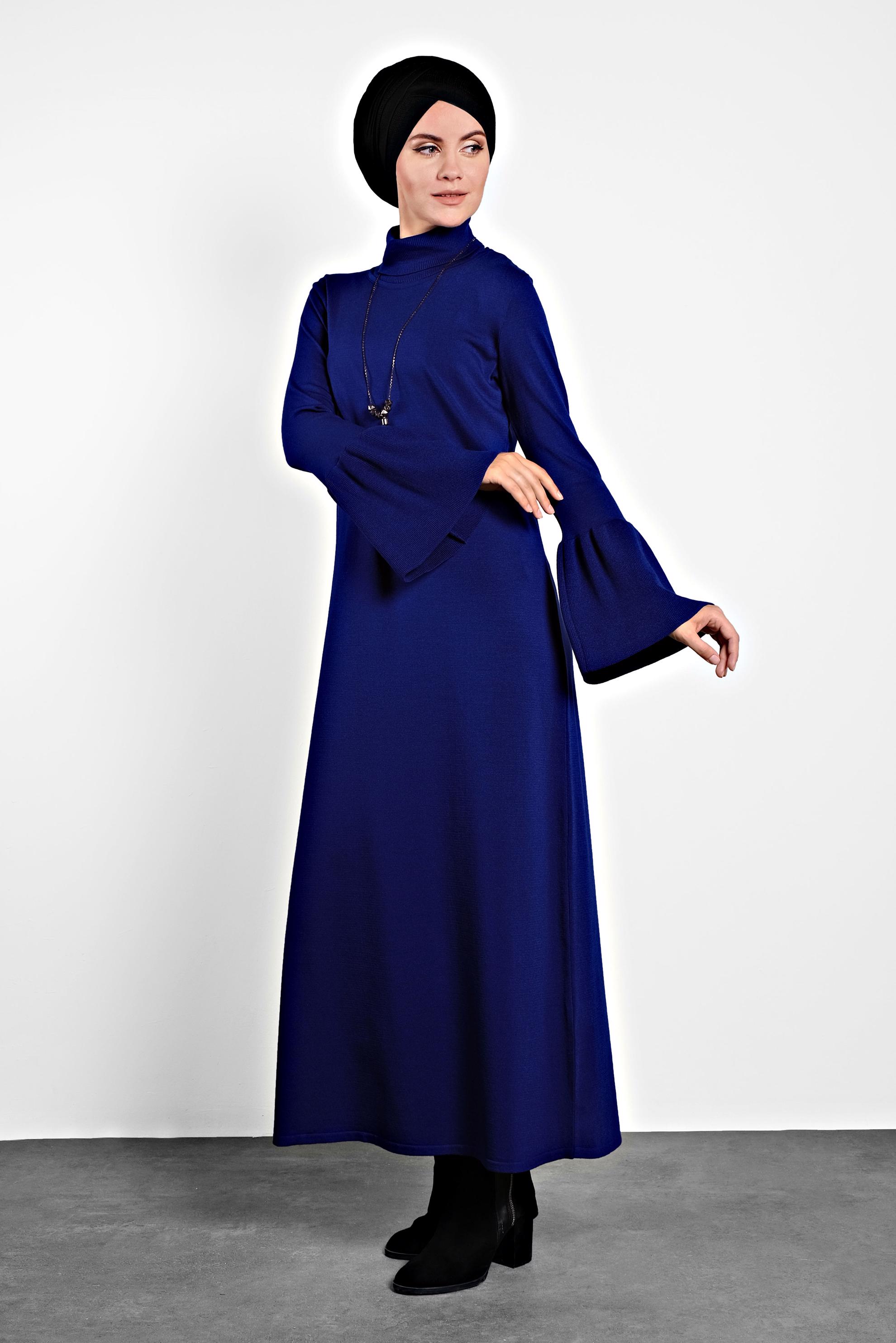 Tesettür giyim LACİVERT KOLLARI VOLANLI BOĞAZLI GENİŞ KESİM ELBİSE 40012 