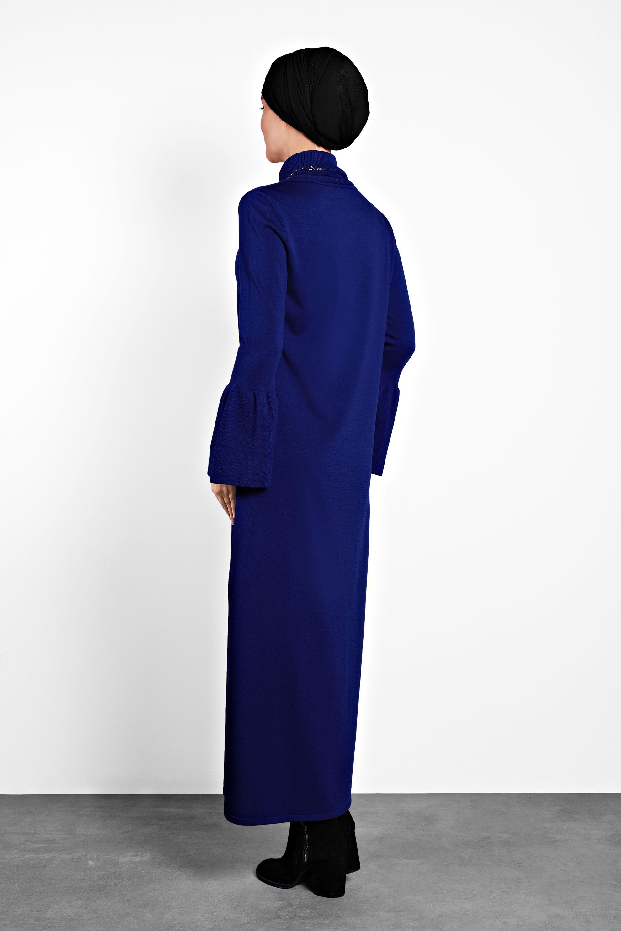 Tesettür giyim LACİVERT KOLLARI VOLANLI BOĞAZLI GENİŞ KESİM ELBİSE 40012 