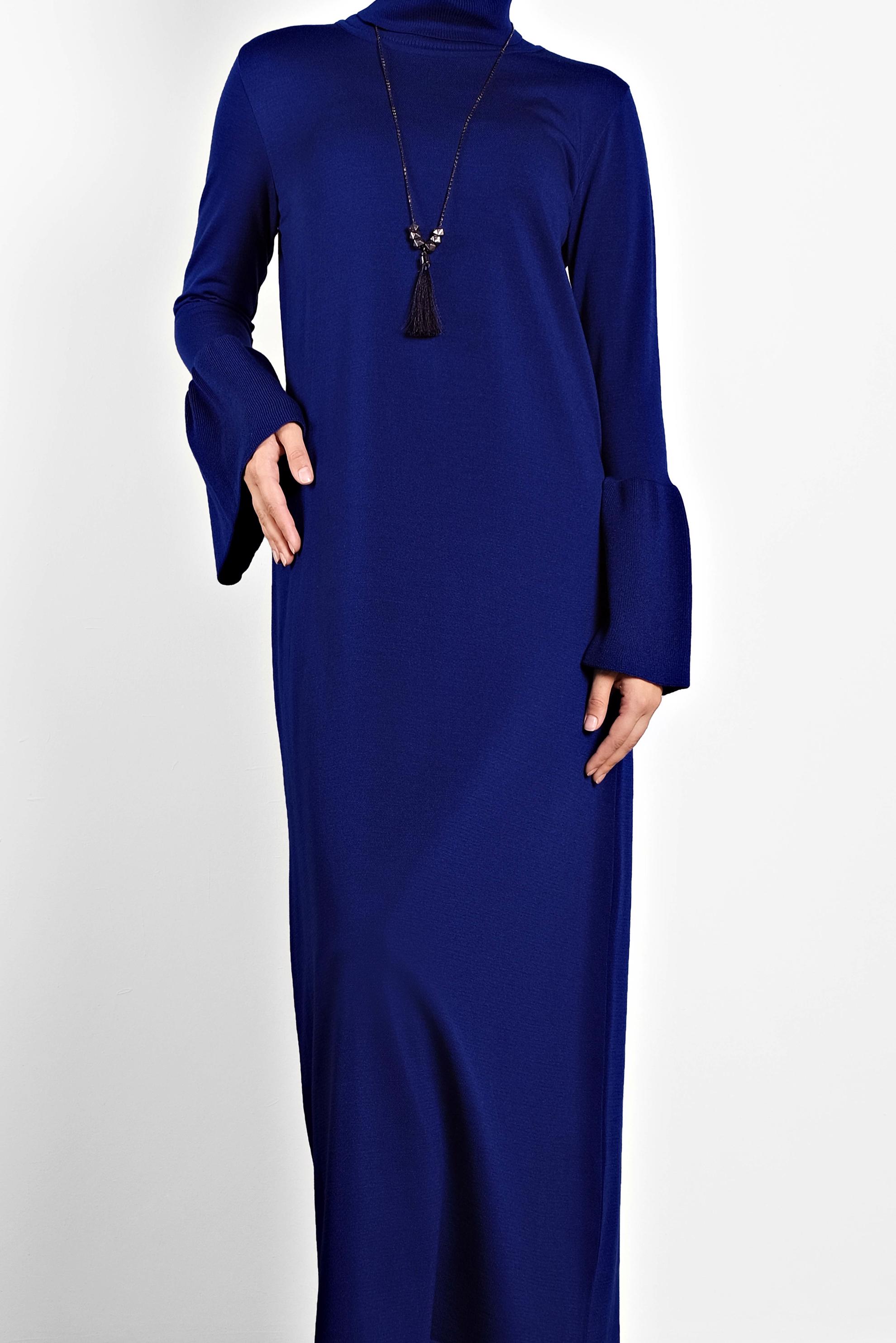 Tesettür giyim LACİVERT KOLLARI VOLANLI BOĞAZLI GENİŞ KESİM ELBİSE 40012 